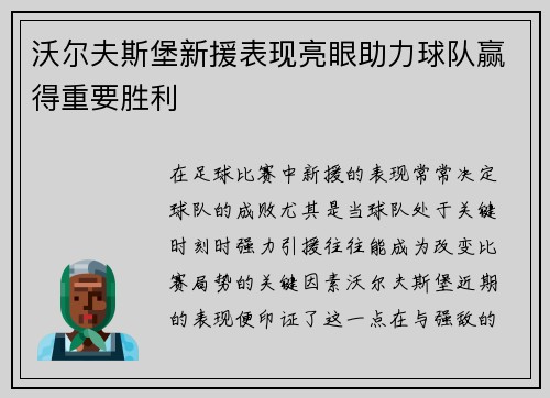 沃尔夫斯堡新援表现亮眼助力球队赢得重要胜利
