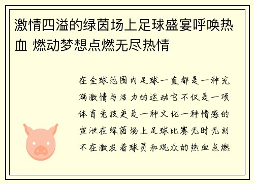 激情四溢的绿茵场上足球盛宴呼唤热血 燃动梦想点燃无尽热情