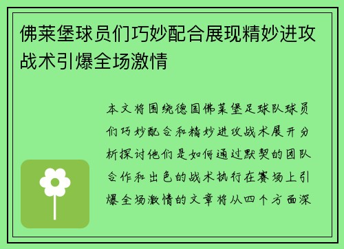 佛莱堡球员们巧妙配合展现精妙进攻战术引爆全场激情