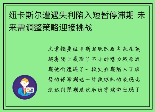 纽卡斯尔遭遇失利陷入短暂停滞期 未来需调整策略迎接挑战