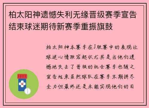 柏太阳神遗憾失利无缘晋级赛季宣告结束球迷期待新赛季重振旗鼓