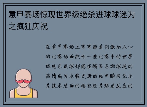 意甲赛场惊现世界级绝杀进球球迷为之疯狂庆祝